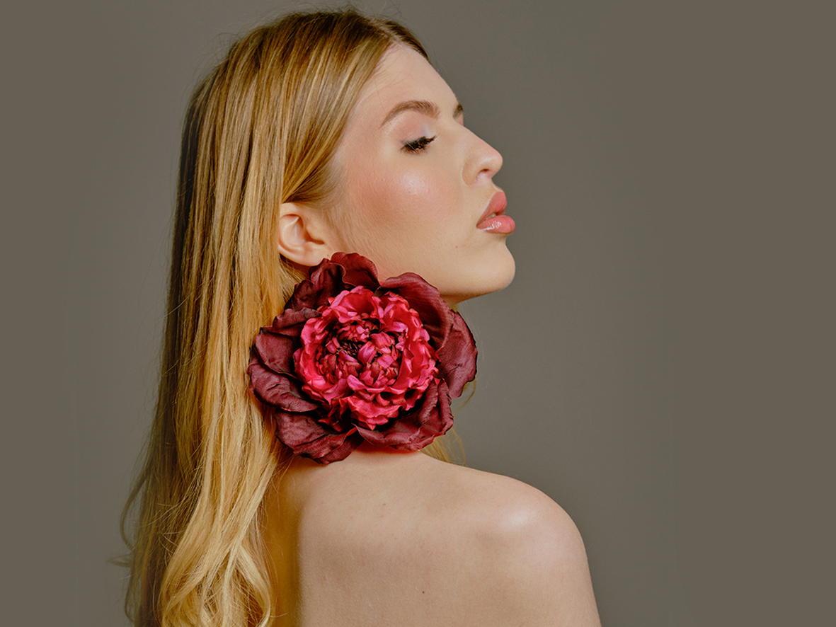 Burgundy rose made of two types of silk